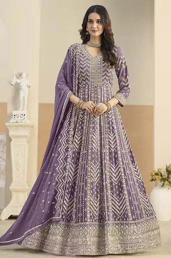 Faux georgette lavender embroidered anarkali salwar kameez