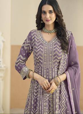 Faux georgette lavender embroidered anarkali salwar kameez 4