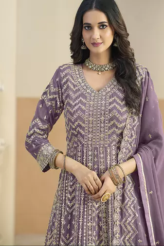 Faux georgette lavender embroidered anarkali salwar kameez