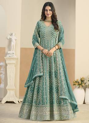 Faux georgette turquoise embroidered anarkali salwar kameez 1