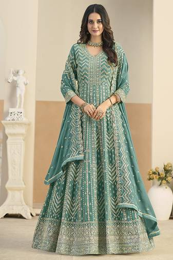 Faux georgette turquoise embroidered anarkali salwar kameez