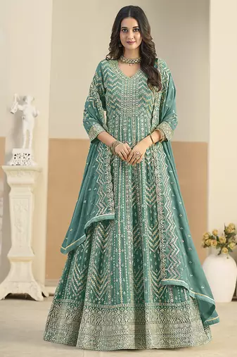 Faux georgette turquoise embroidered anarkali salwar kameez