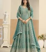 Faux georgette turquoise embroidered anarkali salwar kameez