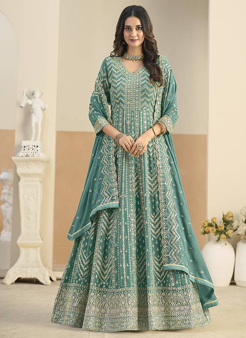 Faux georgette turquoise embroidered anarkali salwar kameez