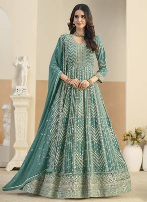 Faux georgette turquoise embroidered anarkali salwar kameez 2