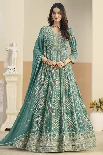 Faux georgette turquoise embroidered anarkali salwar kameez