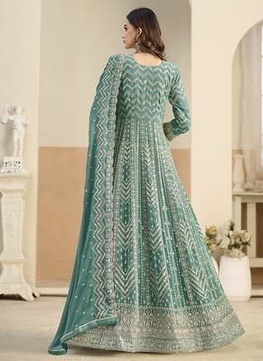 Faux georgette turquoise embroidered anarkali salwar kameez 3