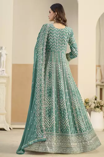 Faux georgette turquoise embroidered anarkali salwar kameez