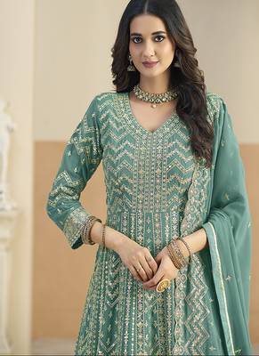 Faux georgette turquoise embroidered anarkali salwar kameez 4