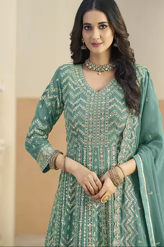 Faux georgette turquoise embroidered anarkali salwar kameez