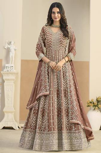 Faux georgette brown embroidered anarkali salwar kameez
