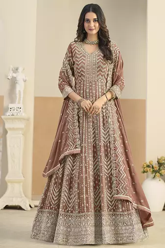 Faux georgette brown embroidered anarkali salwar kameez