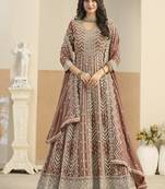 Faux georgette brown embroidered anarkali salwar kameez