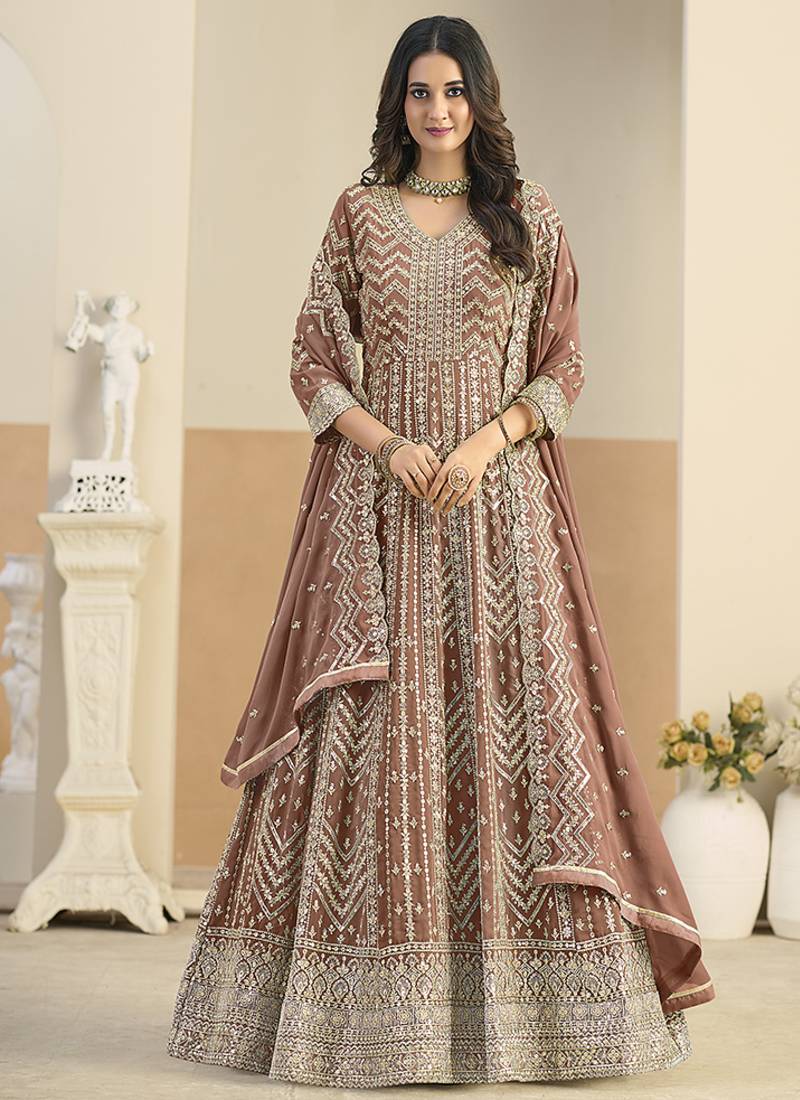 Faux georgette brown embroidered anarkali salwar kameez