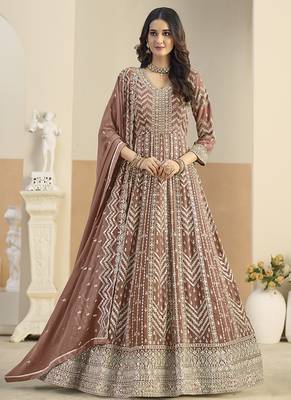 Faux georgette brown embroidered anarkali salwar kameez 2