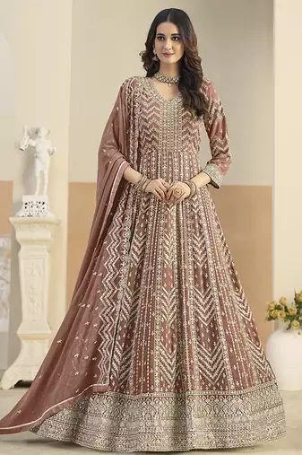 Faux georgette brown embroidered anarkali salwar kameez