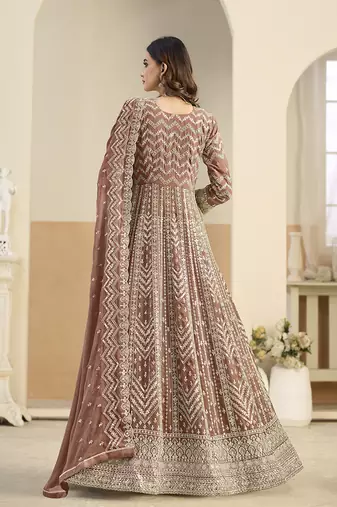Faux georgette brown embroidered anarkali salwar kameez
