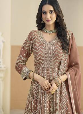 Faux georgette brown embroidered anarkali salwar kameez 4