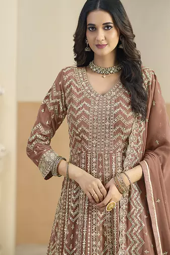 Faux georgette brown embroidered anarkali salwar kameez