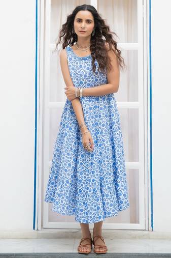 Blue floral embroidered pure cotton shift dress