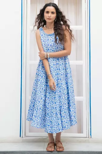 Blue floral embroidered pure cotton shift dress