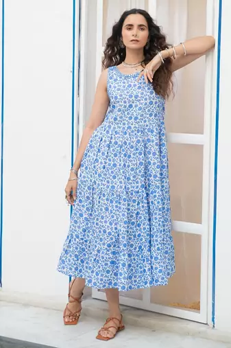 Blue floral embroidered pure cotton shift dress