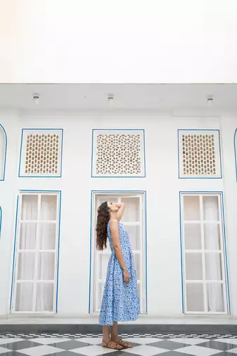 Blue floral embroidered pure cotton shift dress