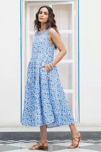 Blue floral embroidered pure cotton shift dress
