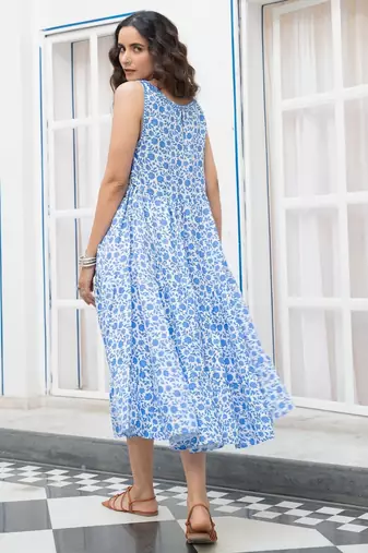 Blue floral embroidered pure cotton shift dress