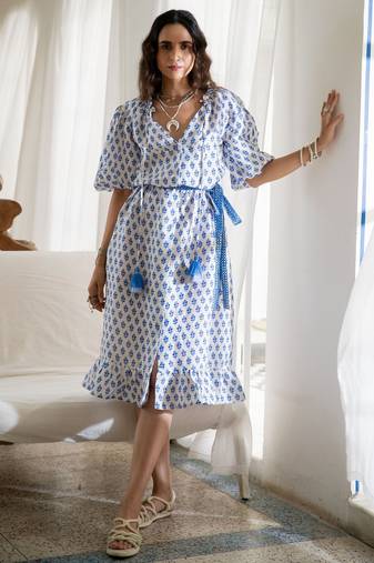 Blue white boho embroidered pure cotton button dress