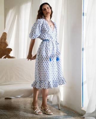 Blue white boho embroidered pure cotton button dress 2