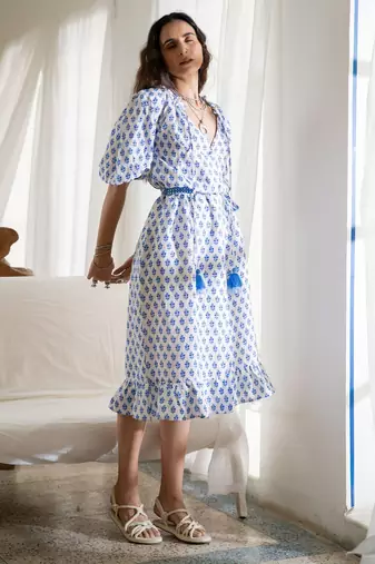 Blue white boho embroidered pure cotton button dress