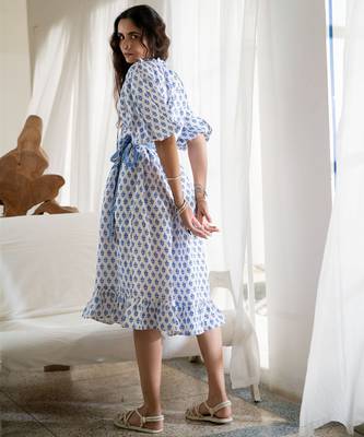 Blue white boho embroidered pure cotton button dress 3