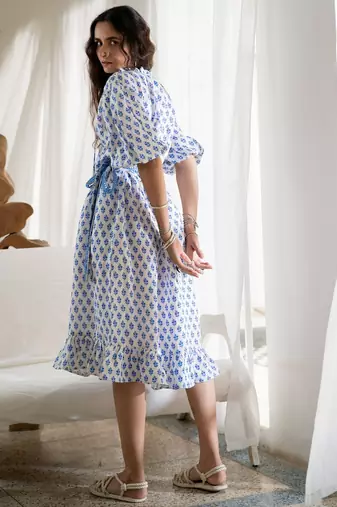 Blue white boho embroidered pure cotton button dress