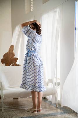 Blue white boho embroidered pure cotton button dress 4