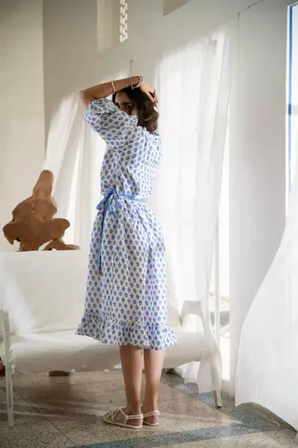 Blue white boho embroidered pure cotton button dress