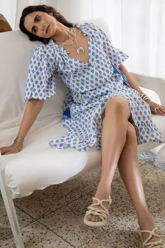 Blue white boho embroidered pure cotton button dress