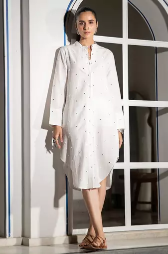 White embroidered linen shirt dress