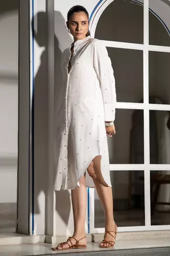 White embroidered linen shirt dress