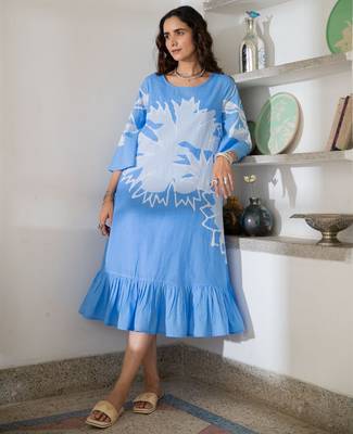 Blue pure cotton oversized placement dress 1