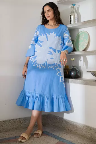 Blue pure cotton oversized placement dress