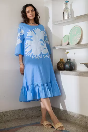 Blue pure cotton oversized placement dress