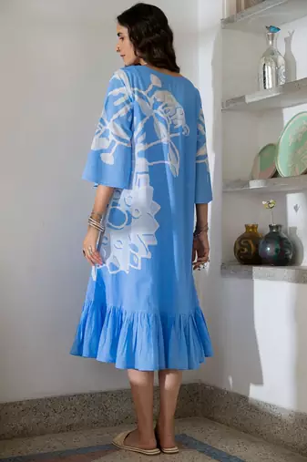 Blue pure cotton oversized placement dress