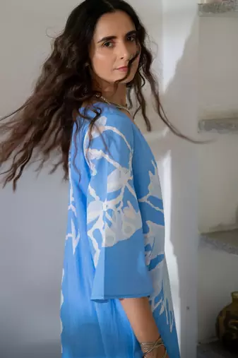 Blue pure cotton oversized placement dress