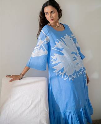 Blue pure cotton oversized placement dress 5