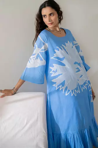 Blue pure cotton oversized placement dress