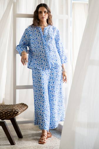 Blue floral embroidered pure cotton shirt