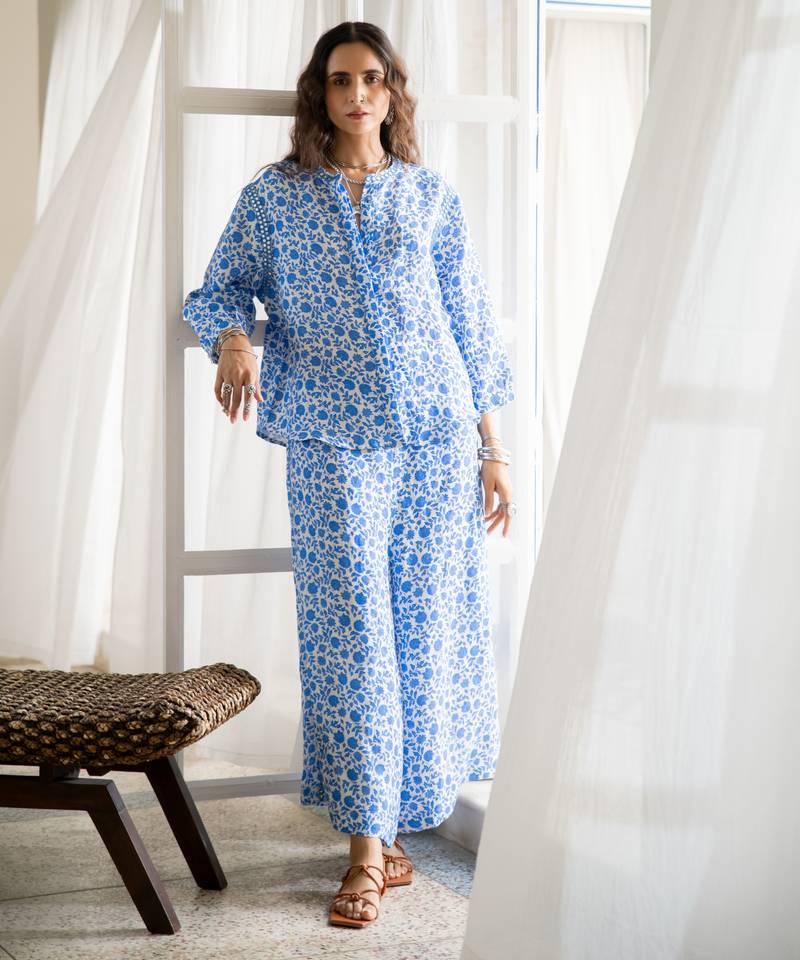 Blue floral embroidered pure cotton shirt