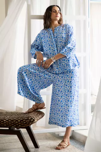 Blue floral embroidered pure cotton shirt