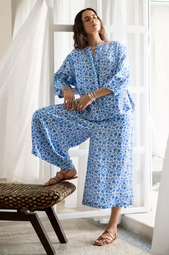 Blue floral embroidered pure cotton shirt